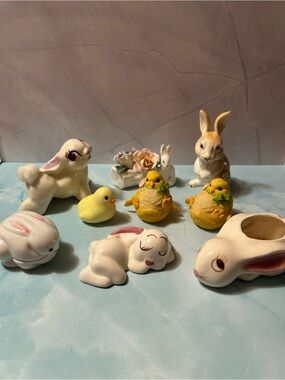 Vintage Assorted Ceramic Bunny and Chick Figurines - White, Yellow